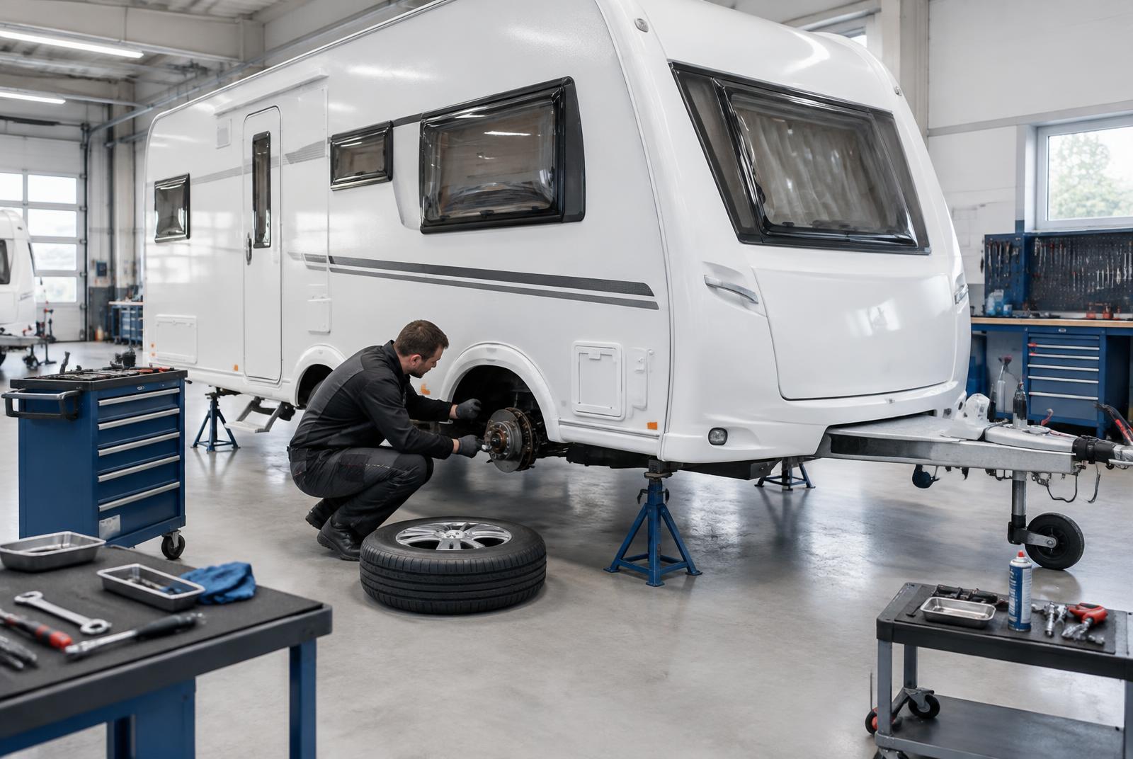 Campingvogn til bremseservice i verkstedet