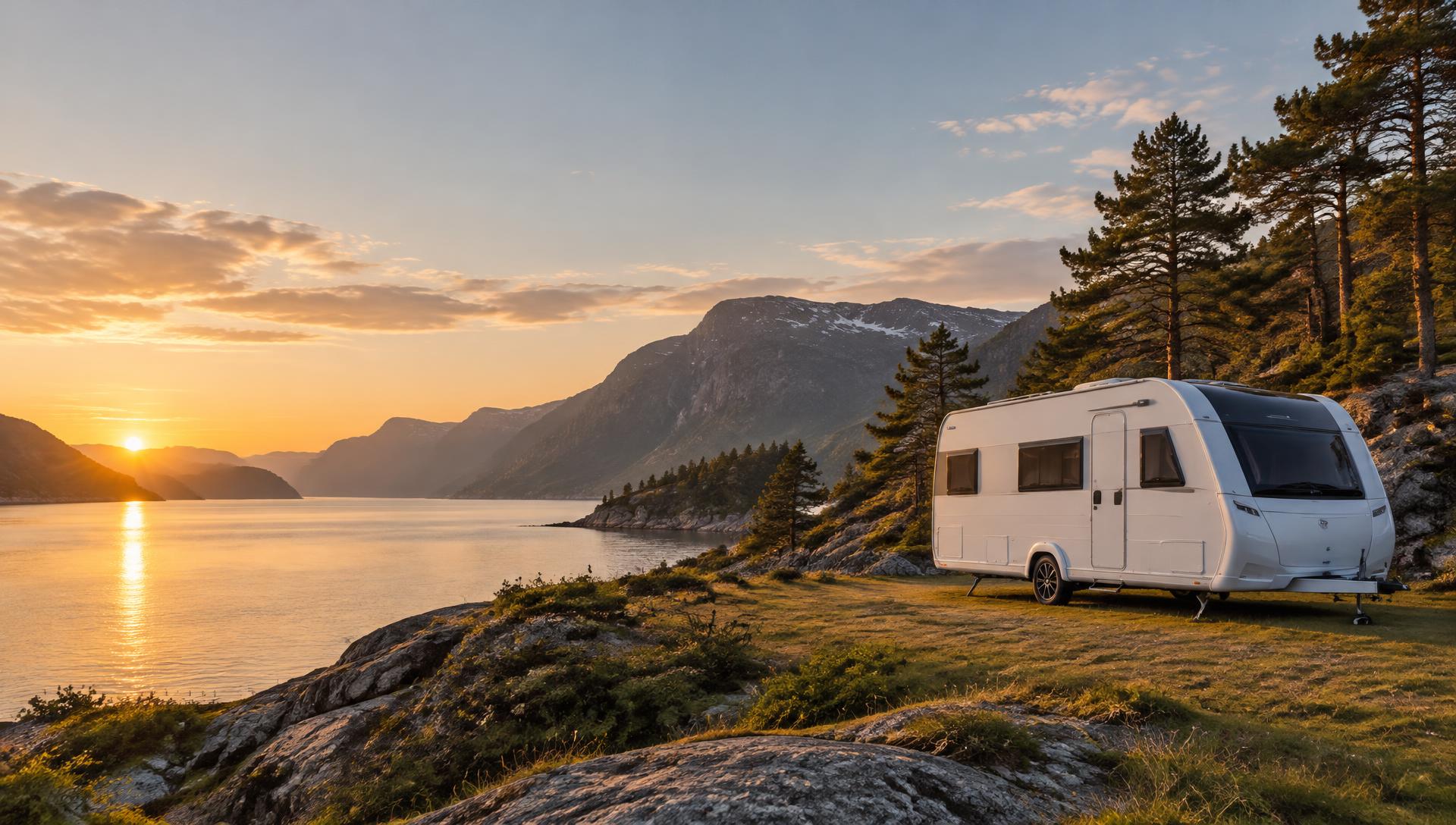 Campingvogn ved en norsk fjord i kveldssol