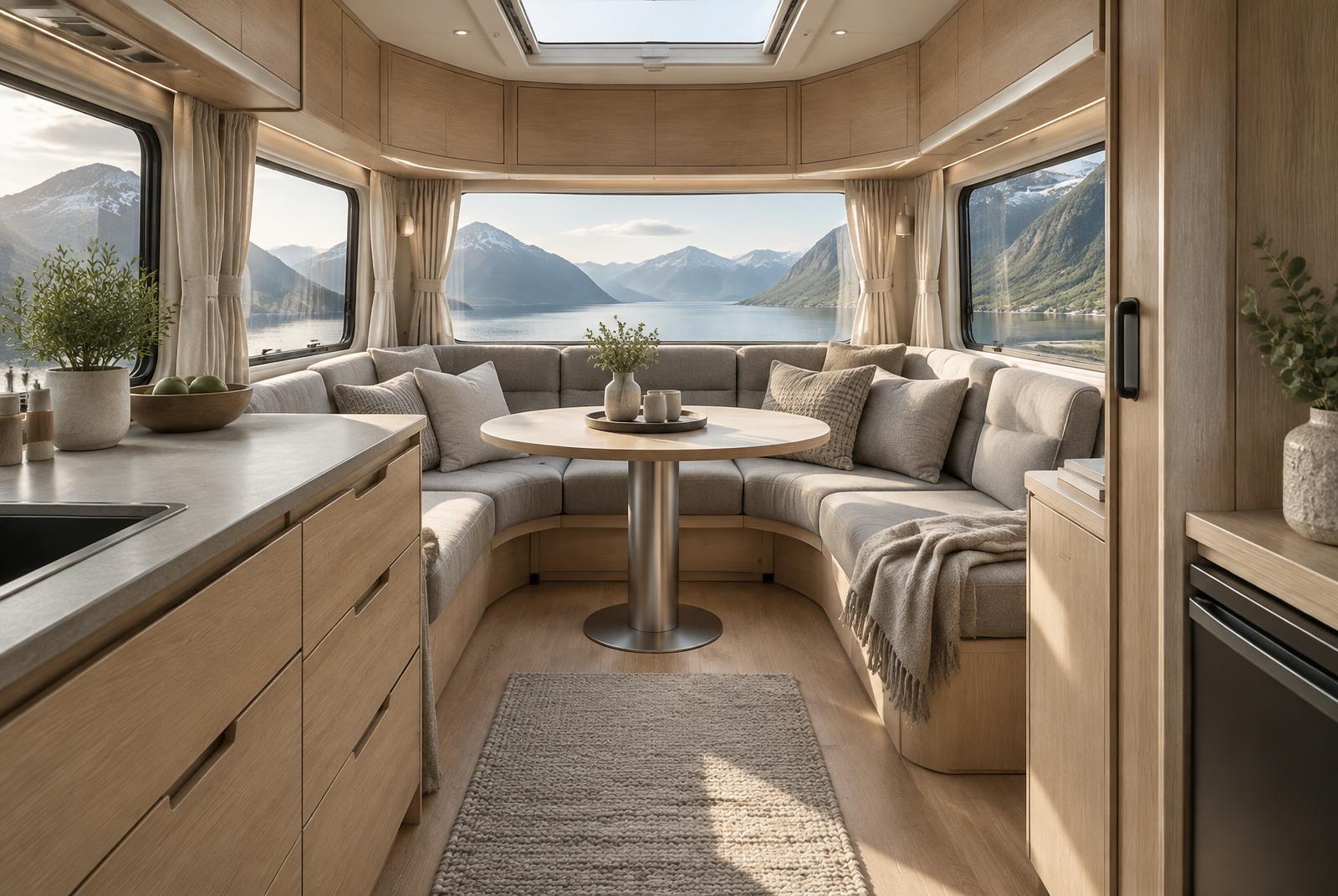 Lyst caravaninteriør med eik og ulltekstiler